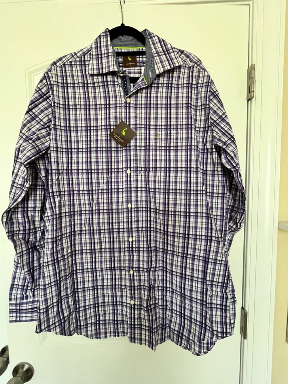 Tailorbyrd Purple and White Plaid Button-Down Shirt Size Large Tall